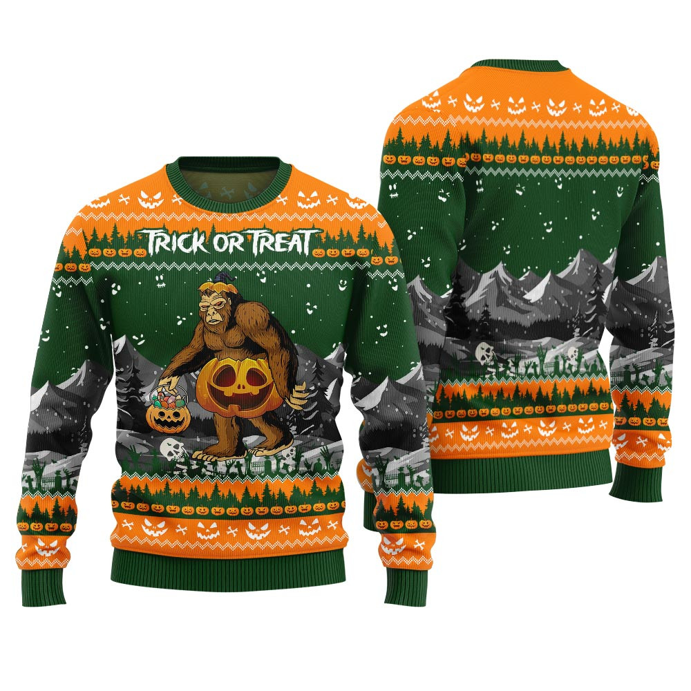 Bigfoot Trick Or Treat Ugly Sweater Halloween Green Warm and Comfy Sweater for Winter Days