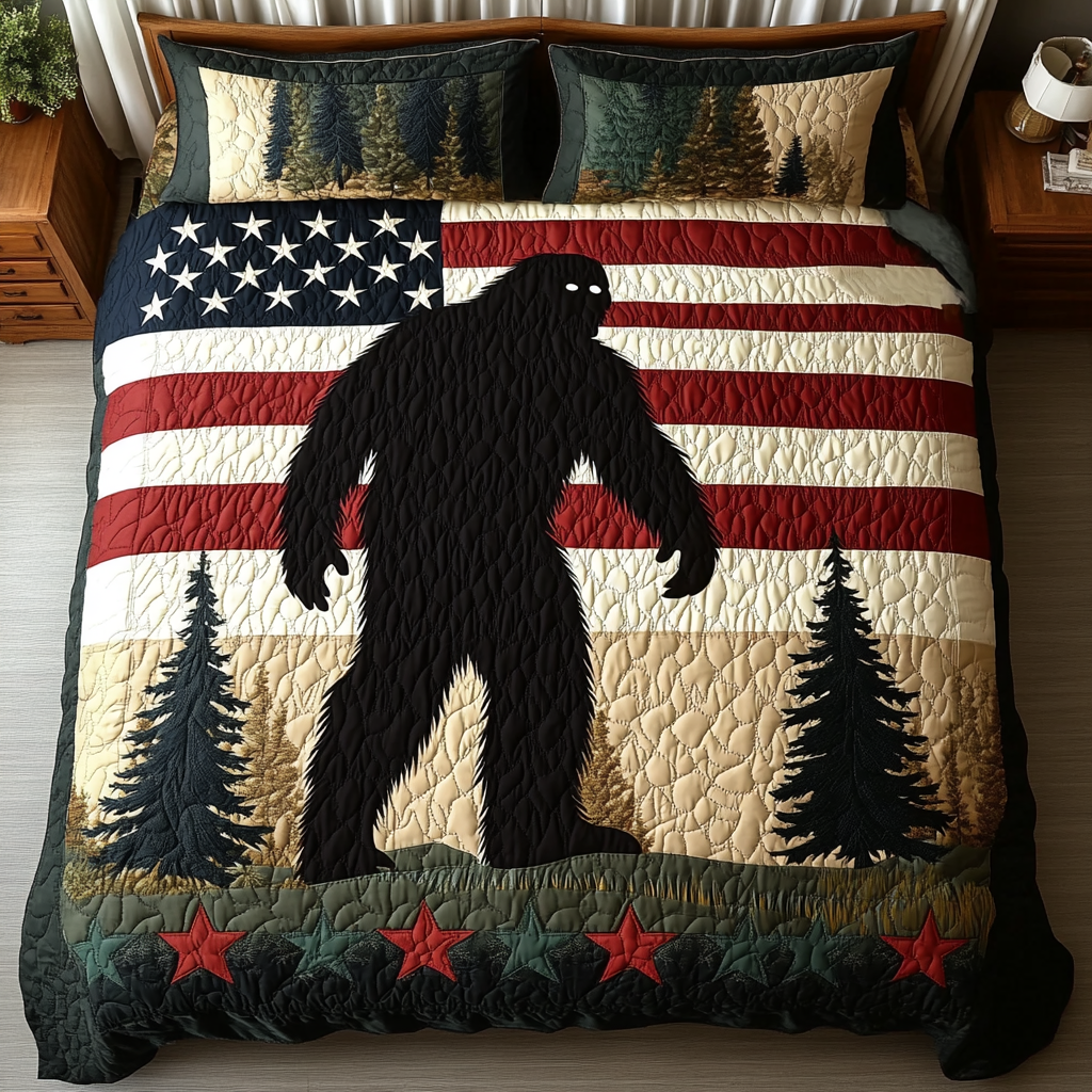 BigFoot Wave Quilted Bedding Set Patriotic Room Ideas Gifts For People Who Like Bigfoot