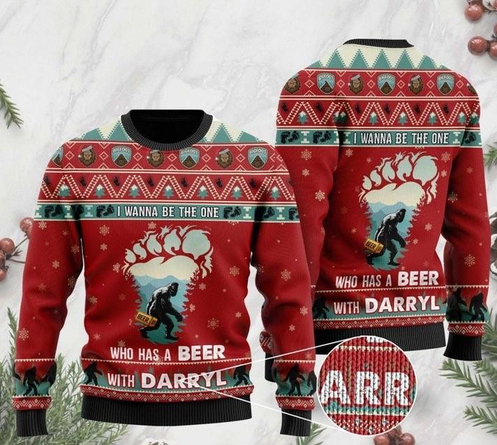 Bigfoot Who Has A Beer With Darryl Ugly Christmas Sweater Cozy Bigfoot Gift For Beer Lovers