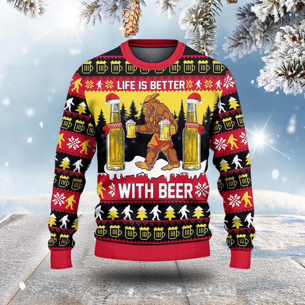 Bigfoot With Beer Ugly Christmas Sweater Holiday Clothing Christmas Gifts For Him