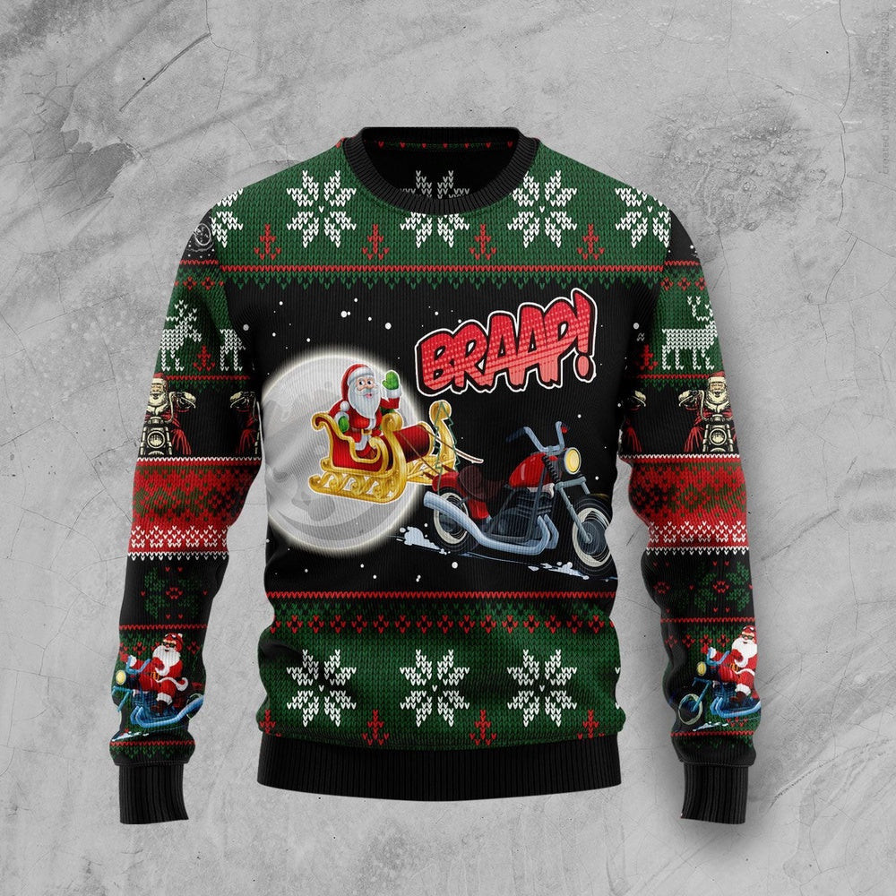 Biker Santa Xmas Ugly Christmas Sweater Unisex for Men & Women Funny Family Sweater Gift