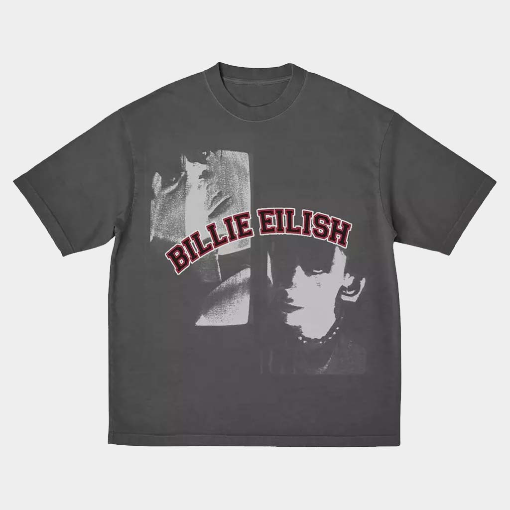 Billie Eilish Double Portrait Grey Boyfriend Fit Girls T-Shirt Billie Eilish Merch Fans Gifts