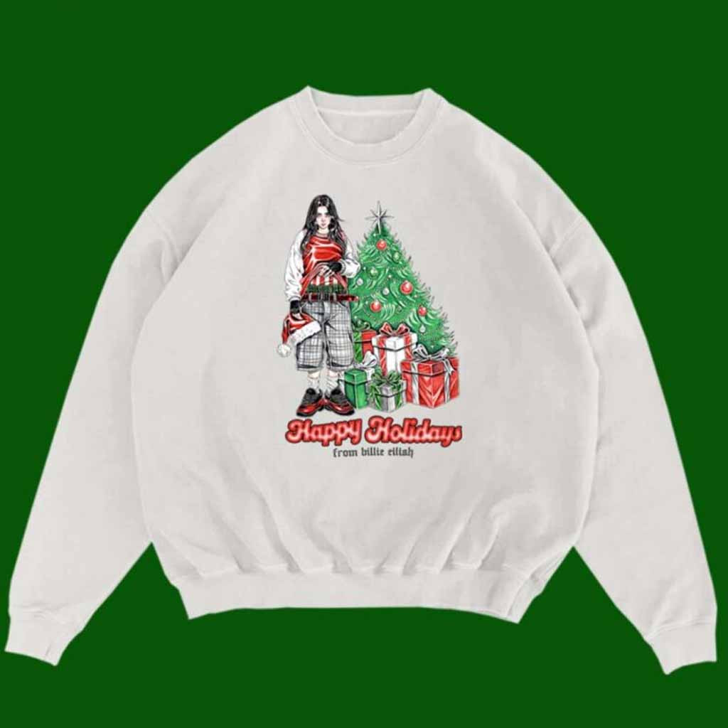 Billie Eilish Happy Holidays 2024 White Crewneck Sweatshirt Billie Eilish Merch Gifts For Music Lovers Billie Eilish Happy Holidays 2024 White Crewneck Sweatshirt Billie Eilish Merch Gifts For Music Lovers
