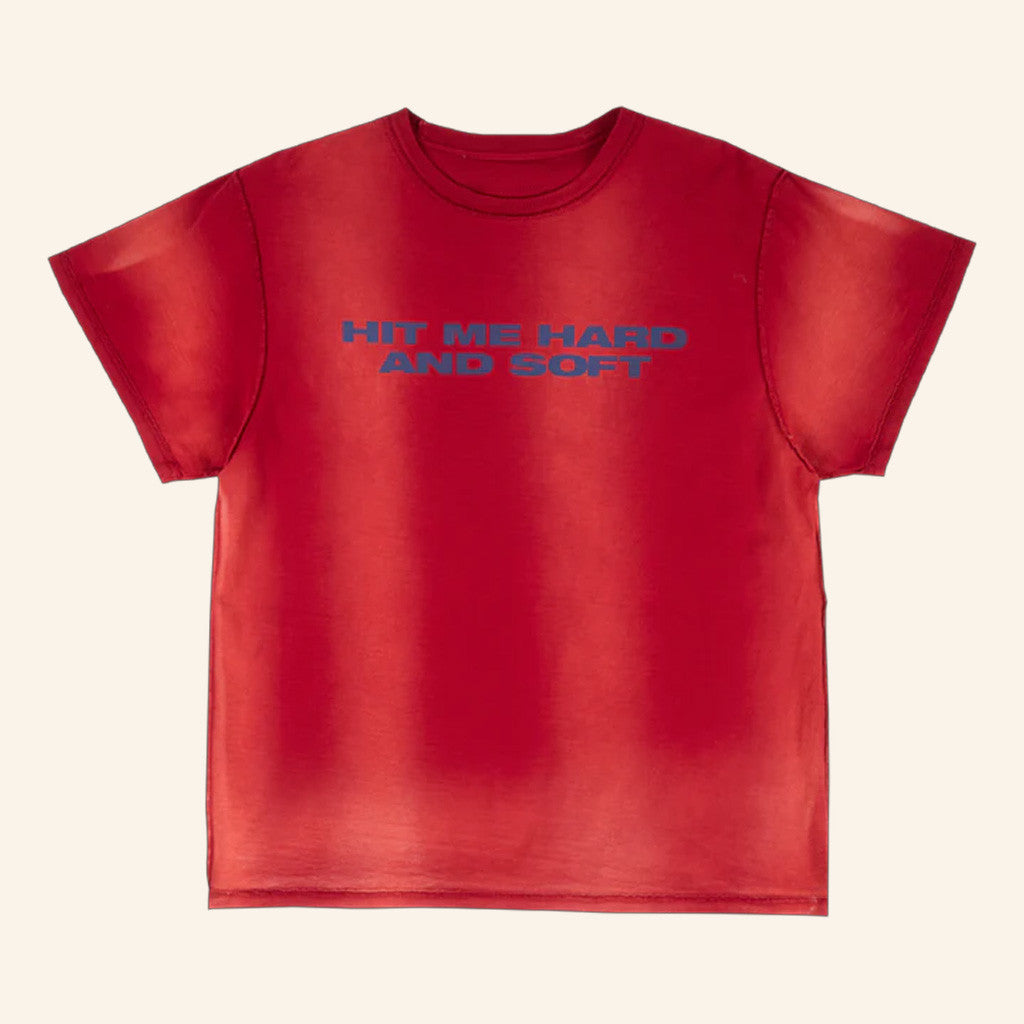 Billie Eilish Merch Billie x Iris Alonzo Hit Me Hard And Soft Upcycled Red T-Shirt Billie Eilish Merch Billie x Iris Alonzo Hit Me Hard And Soft Upcycled Red T-Shirt