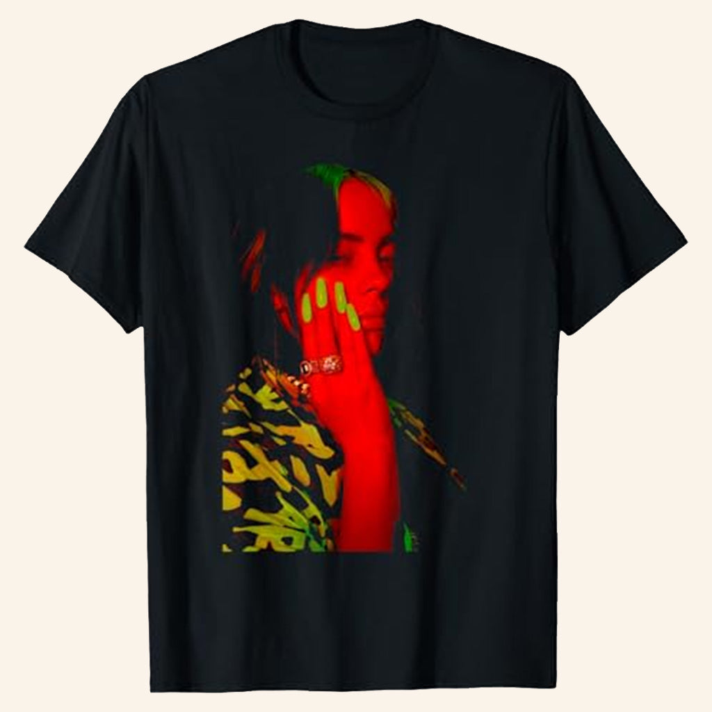 Billie Eilish Merch Red Photo Neon Black T-Shirt Gifts For Best Friends
