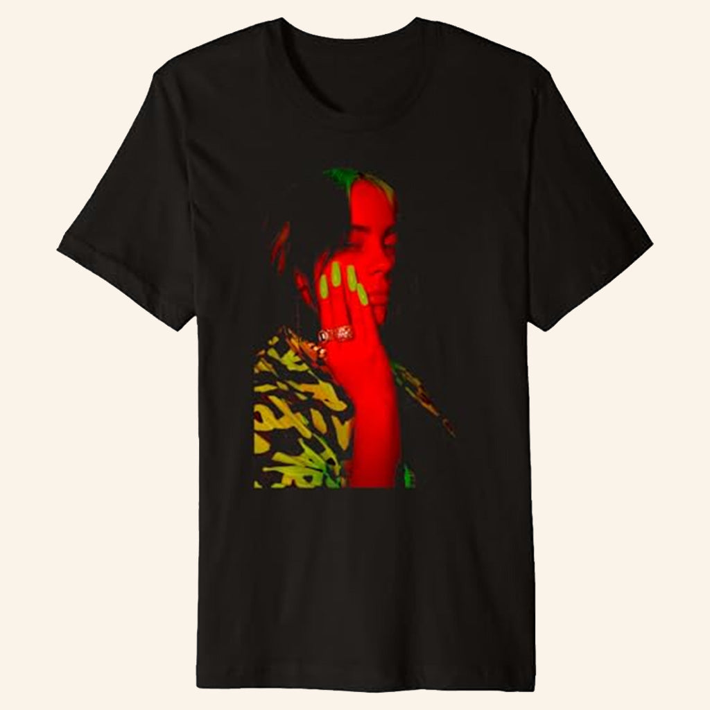 Billie Eilish Merch Red Photo Neon Black T-Shirt Gifts For Music Lovers Billie Eilish Merch Red Photo Neon Black T-Shirt Gifts For Music Lovers
