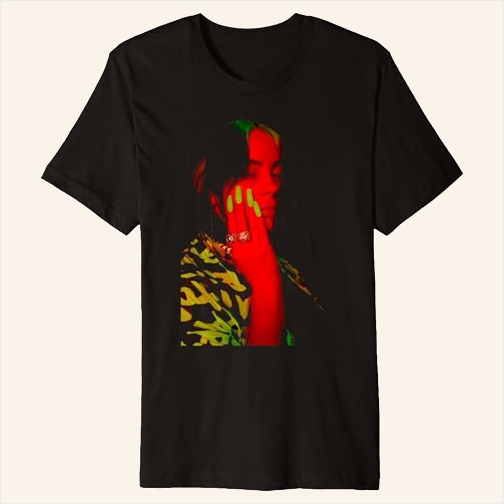 Billie Eilish Merch Red Photo Neon Black T-Shirt Gifts For Music Lovers Gifts For Friends