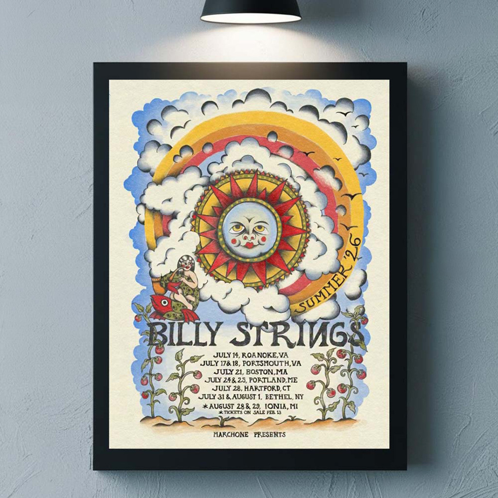 Billy Strings Summer 2026 Tour The Sun Art With Schedule Dates From July To August Poster Billy Strings Summer 2026 Tour The Sun Art With Schedule Dates From July To August Poster
