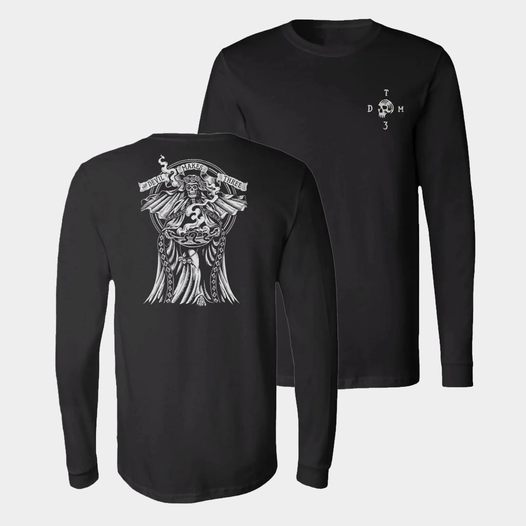 Bingo Merch The Devil Makes Three Skeleton Witch Black Long Sleeve Shirt Gifts For Dudes