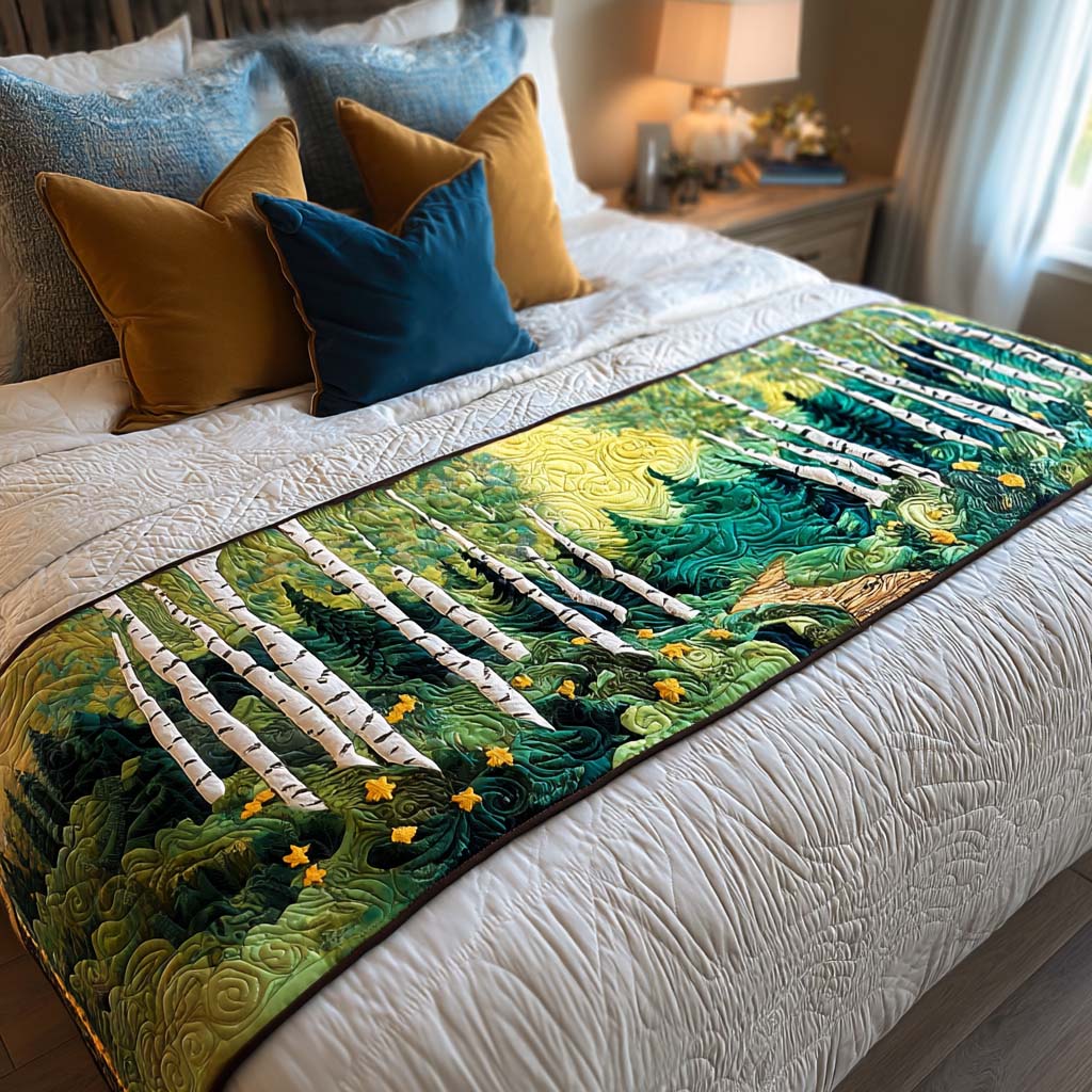 Birch Forest Path Quilted Bed Runner Bed Room Decoration Presents For Wildlife Lovers