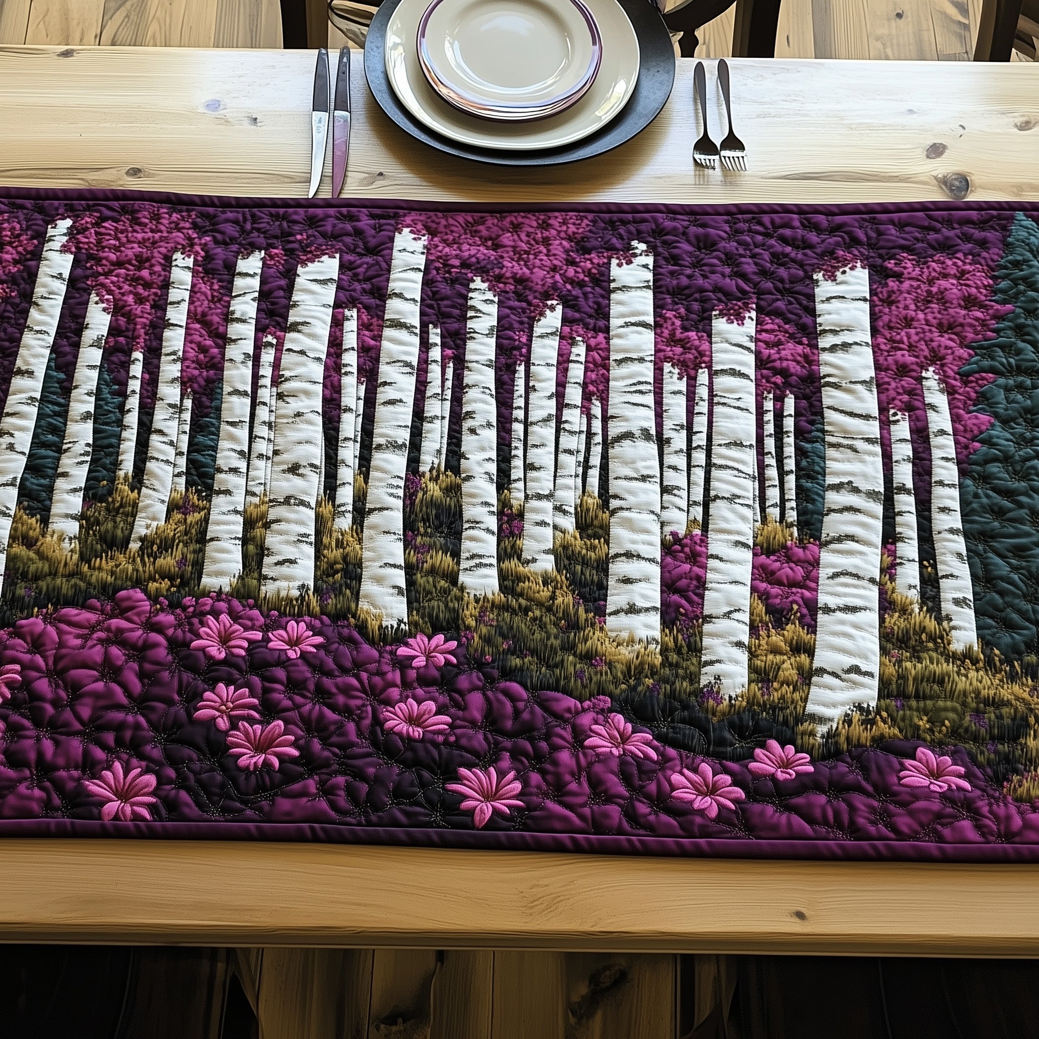 Birch Forest Quilted Table Runner Holiday Table Runner for Kitchen Decor
