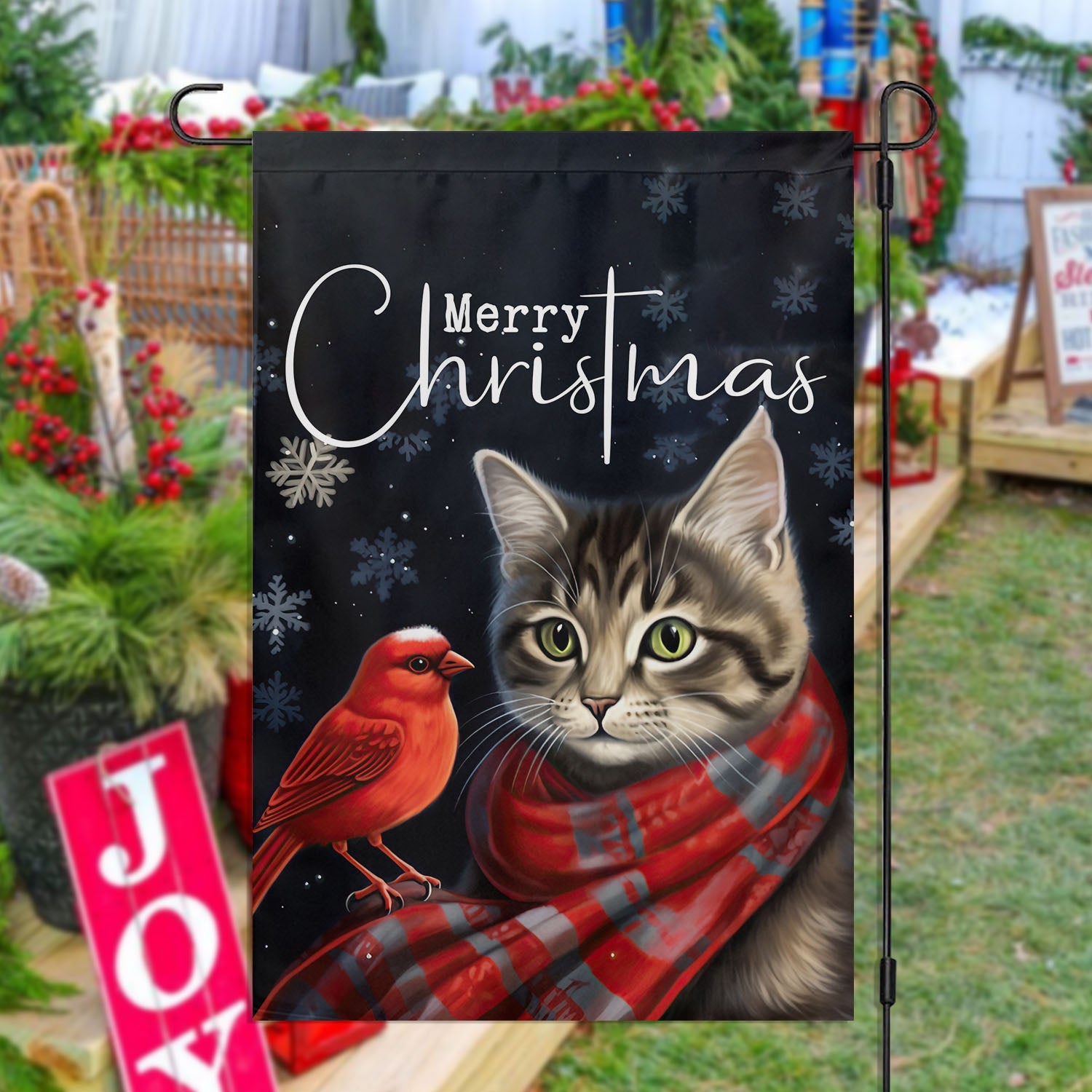 Bird And Cat Merry Christmas Flag Xmas Garden Flag Christmas Flag Gift For Cat Lovers