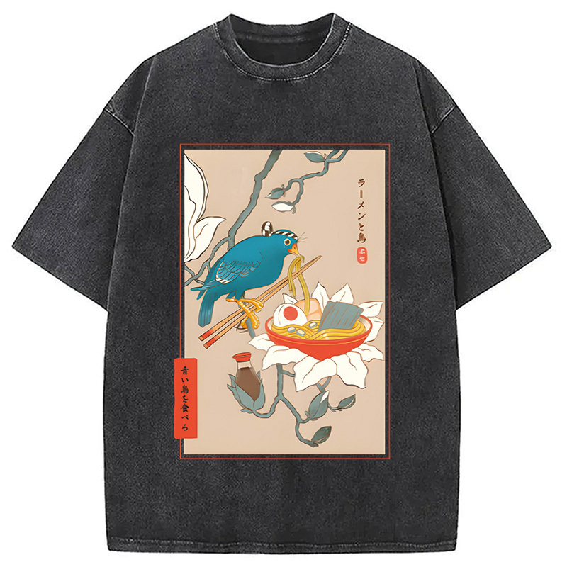 Bird And Ramen Ukiyoe Washed T-Shirt Retro Humor Graphic Top Gifts For BFF