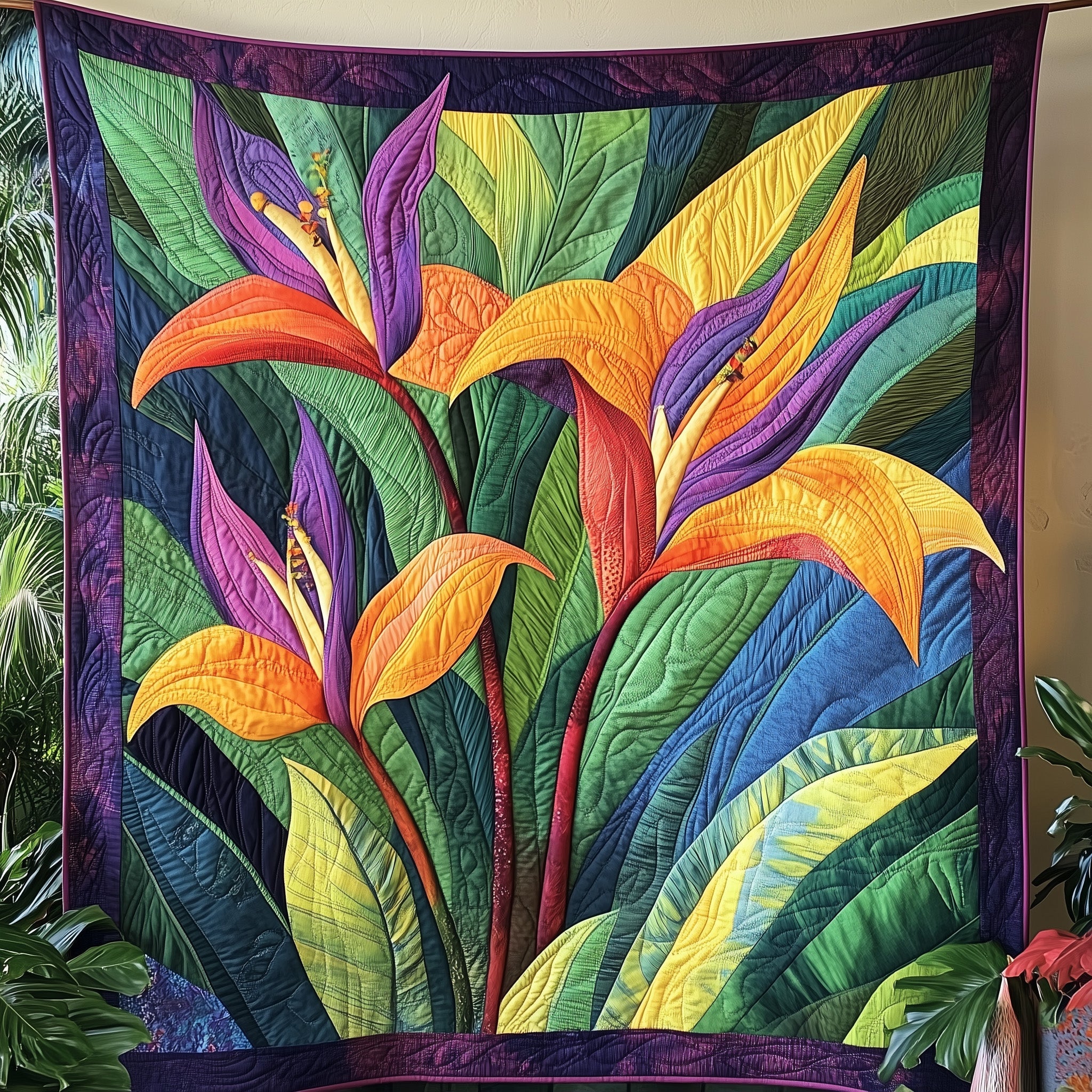 Bird Of Paradise Flower Motif Quilted Blanket Floral Theme Gift For Garden Lovers