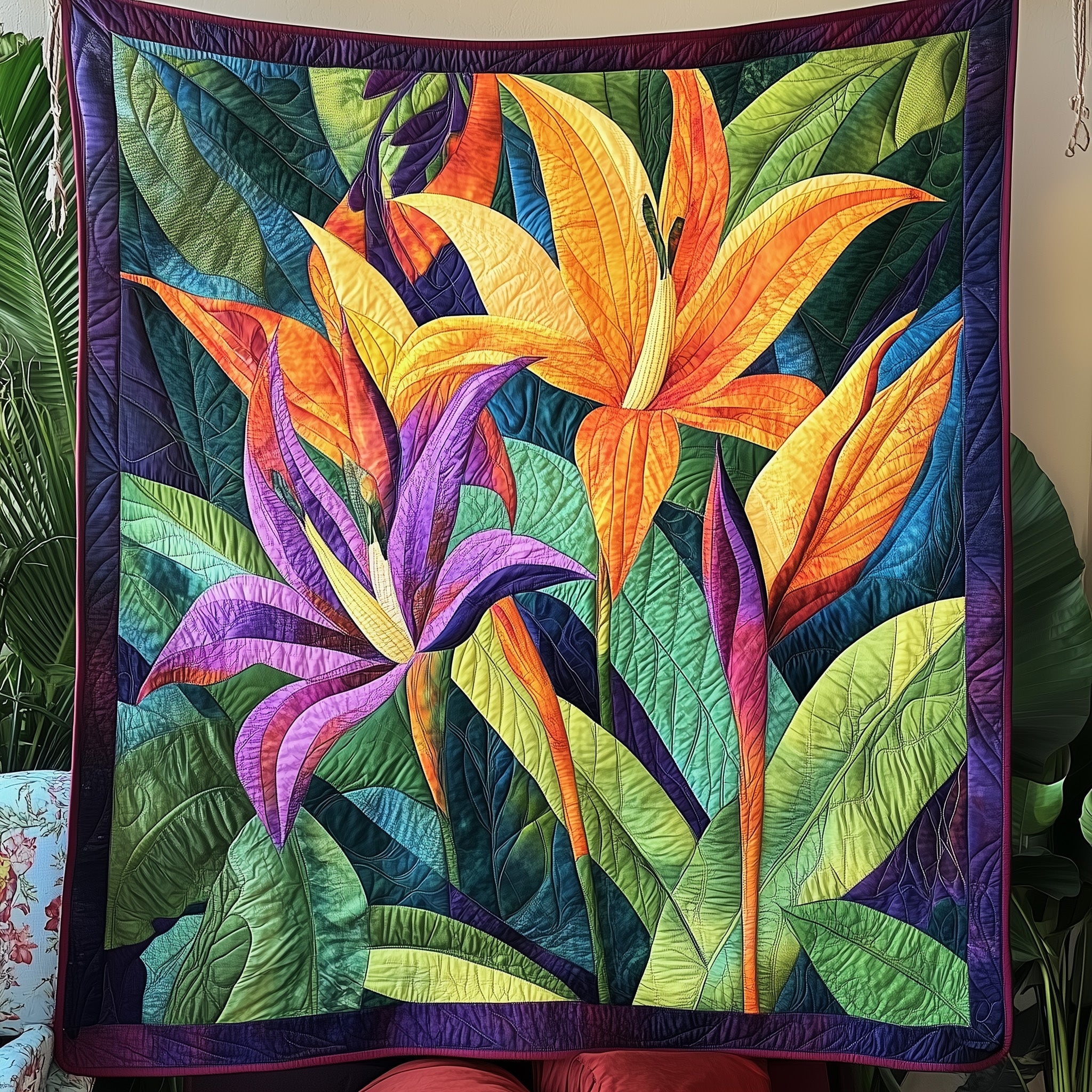 Bird Of Paradise Flower Pattern Quilted Blanket Tropical Garden Gift For Garden Lovers