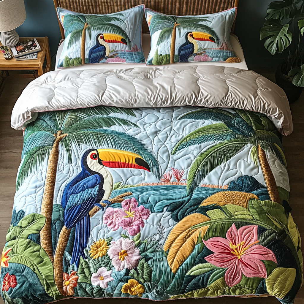 Bird Paradise Quilted Bedding Set Luxury Bedding Set with Pillow Covers Included