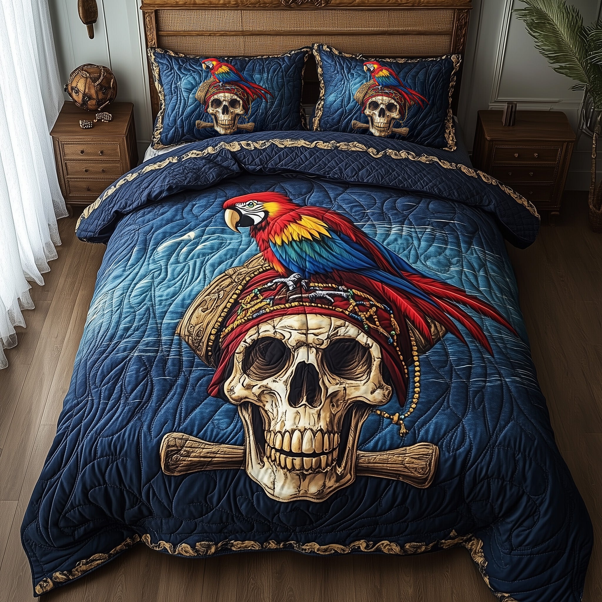 Bird Pirate Skull Quilted Bedding Set Duvet Cover Bedspread Gift Ideas For Pirate Lovers