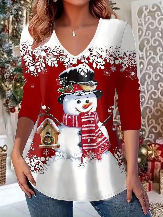 Bird Snowman Snowflake Christmas Holiday V-Neck Long Sleeve Shirt Christmas Gifts For Women