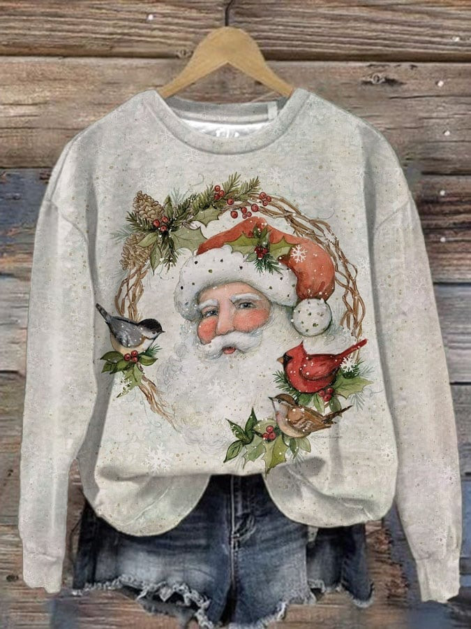 Birds And Santa Wreath Christmas Sweatshirt Watercolor Santa Cozy Holiday Xmas Present Ideas