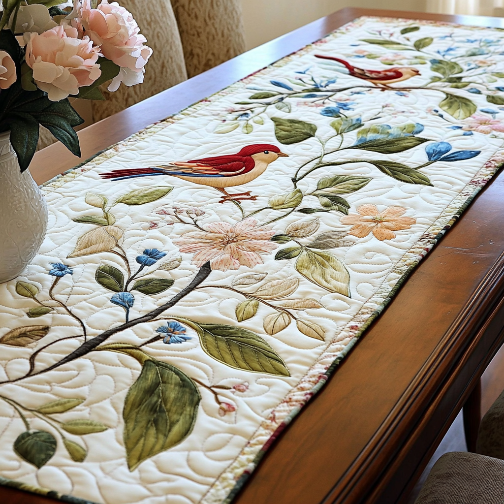Birds Blossom Quilted Table Runner Dining Table Decor Ideas Gift Ideas For Bird Lovers