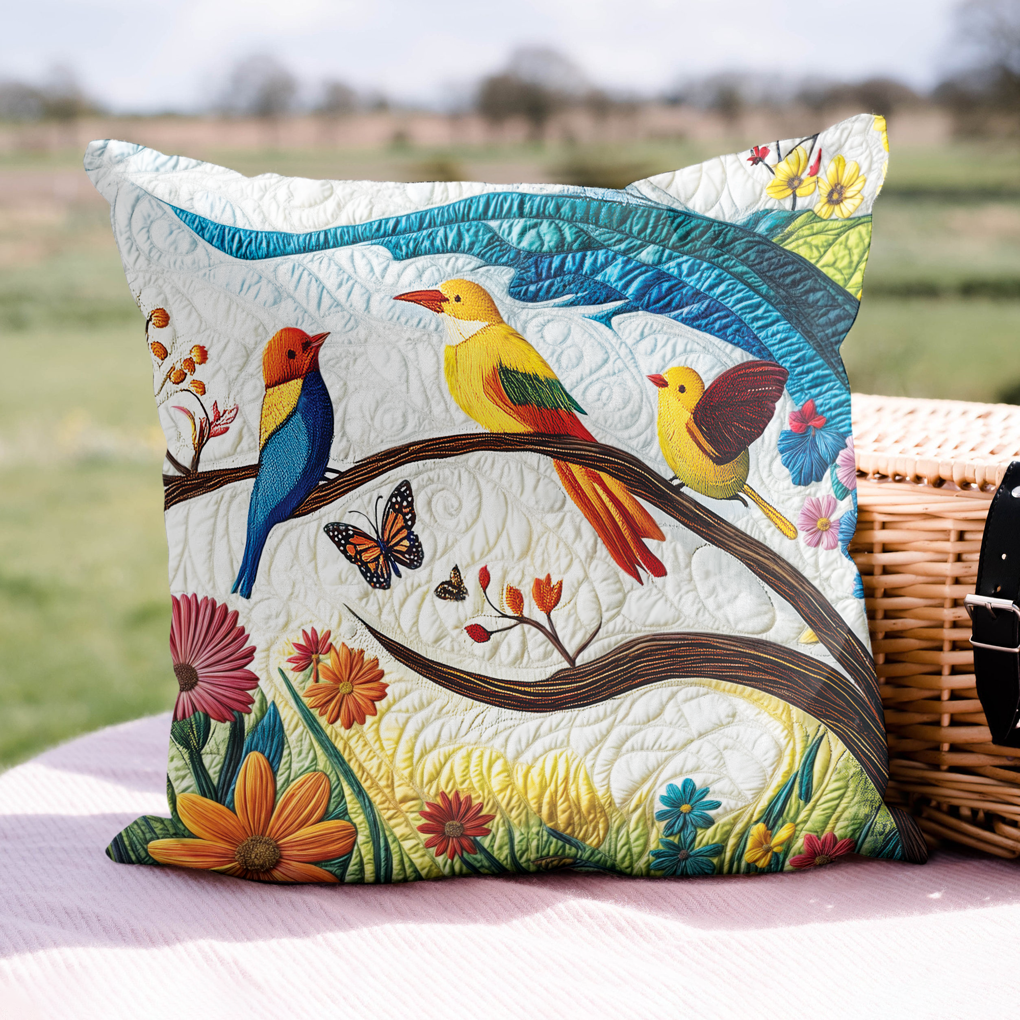 Birds Delight Quilted Pillow Case Holiday Pillow Covers Gifts For Flower Enthusiasts