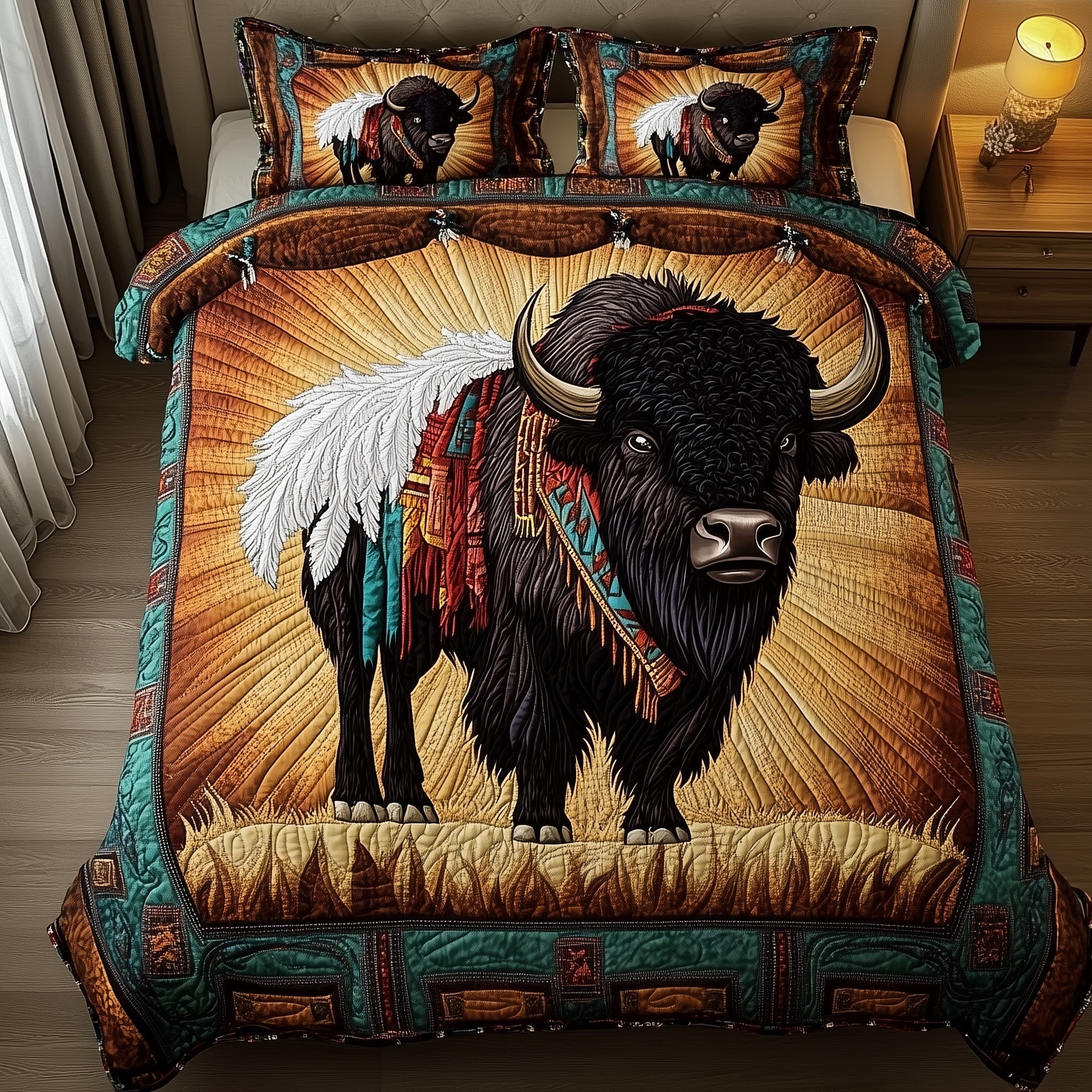 Bison Ancestral Guardian Quilted Bedding Set Duvet Cover Bedspread Native American Gifts