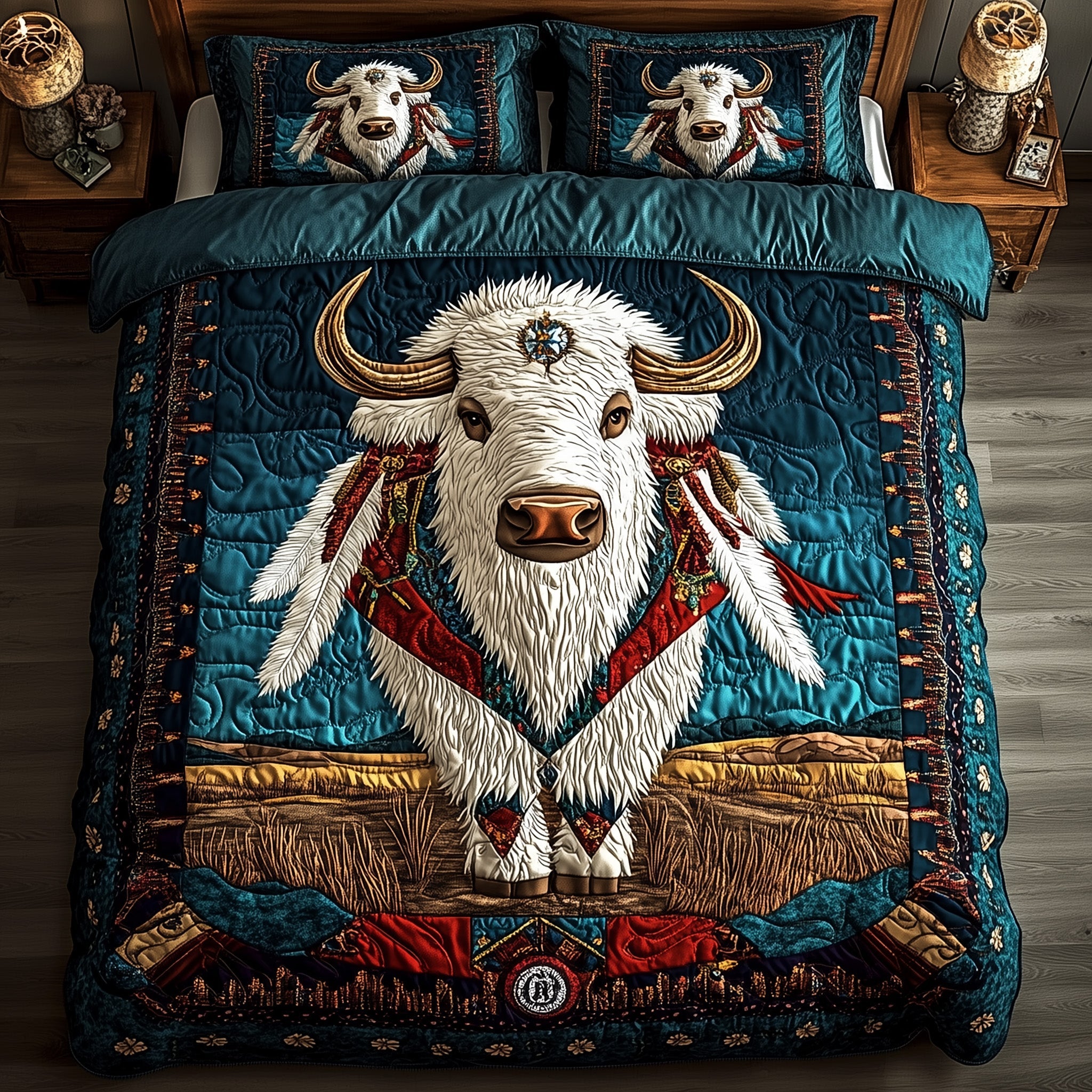 Bison Ancestral Guardian Quilted Bedding Set Duvet Cover Bedspread Native American Gifts For Animal Lovers