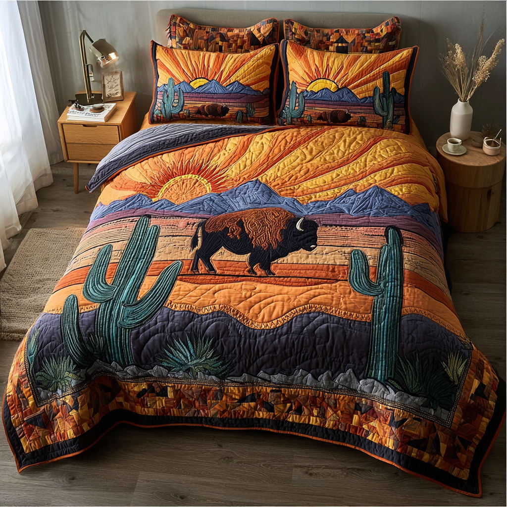 Bison Land Quilted Bedding Set Cozy Bedroom Decor Great Bison Themed Gifts