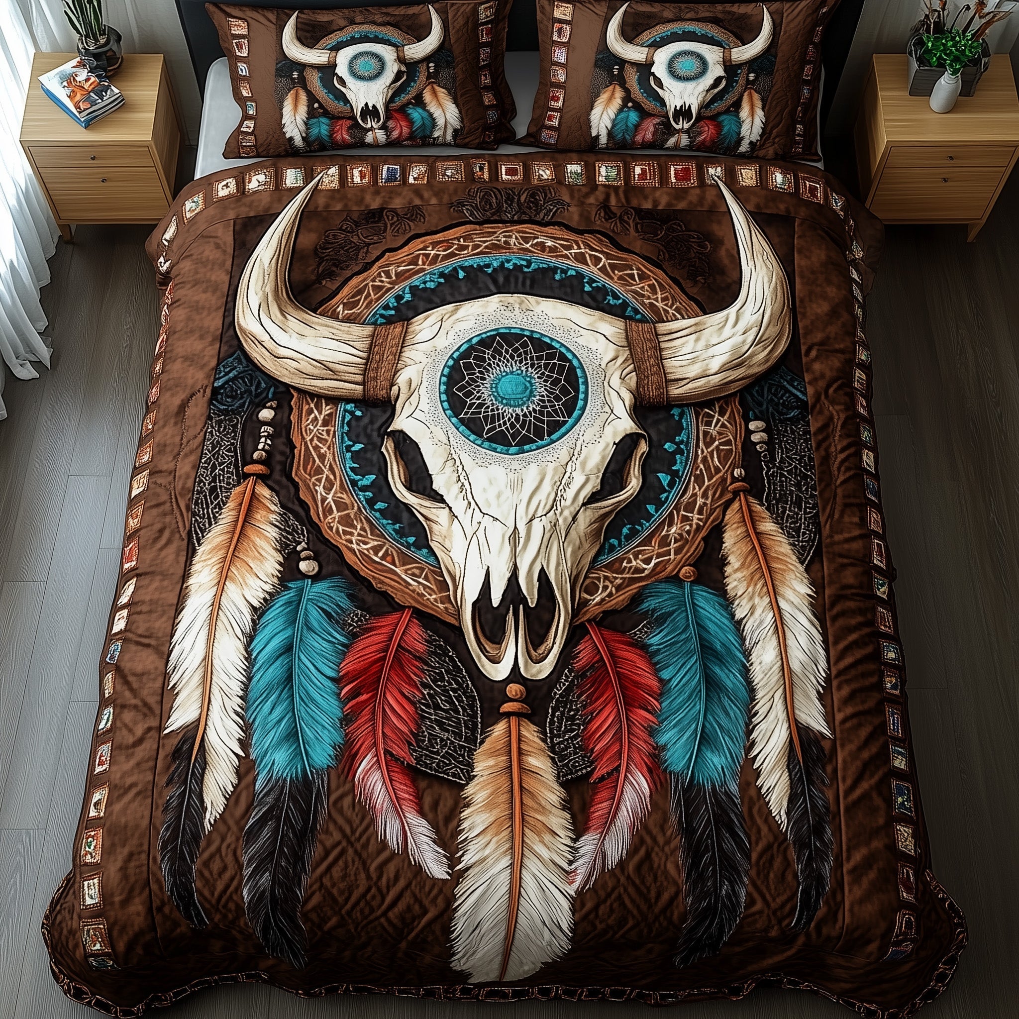 Bison Sacred Horn Quilted Bedding Set Duvet Cover Bedspread Native American Gifts For Bison Lovers
