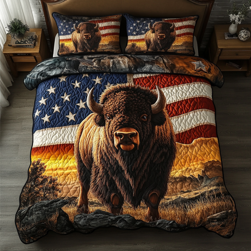 Bison Shield Quilted Bedding Set Bed Decor Ideas Patriotic Themed Gifts