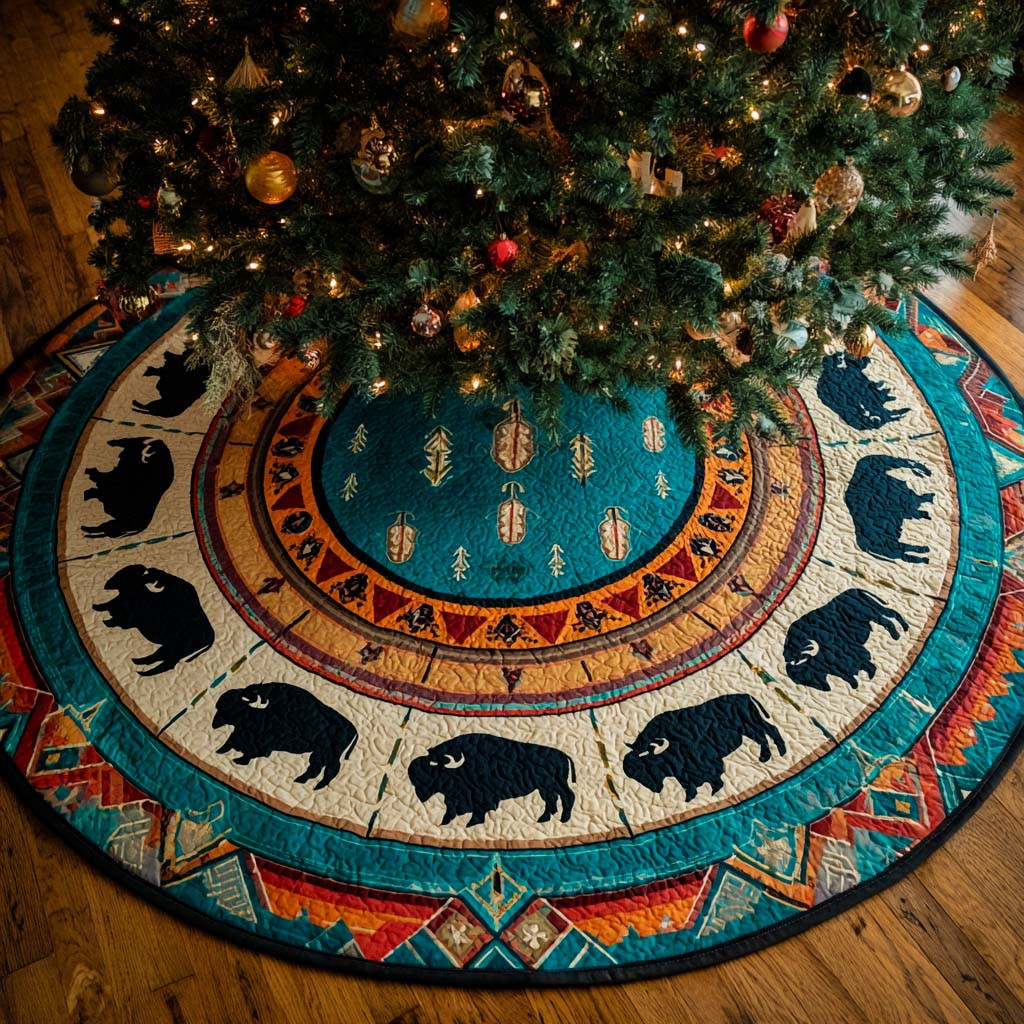 Bison Trail Compass Quilted Tree Skirt Animal Design Christmas Gifts For Bison Lovers