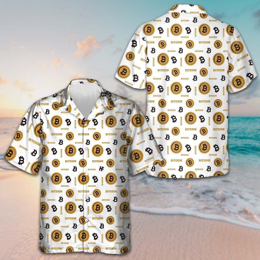 Bitcoin Seamless Pattern In White Background Hawaiian Shirt Short Sleeve Button Up Men