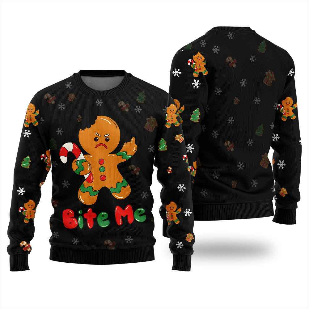 Bite Me Gingerbread Naughty Ugly Sweater Comfortable Holiday Sweater for Chilly Nights