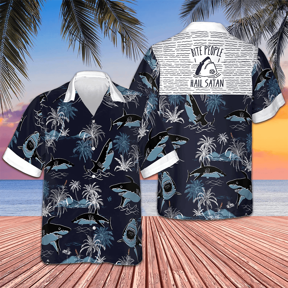 Bite People Hail Satan Shark Hawaiian Shirt Tropical Button Up Shirt Gifts For Male