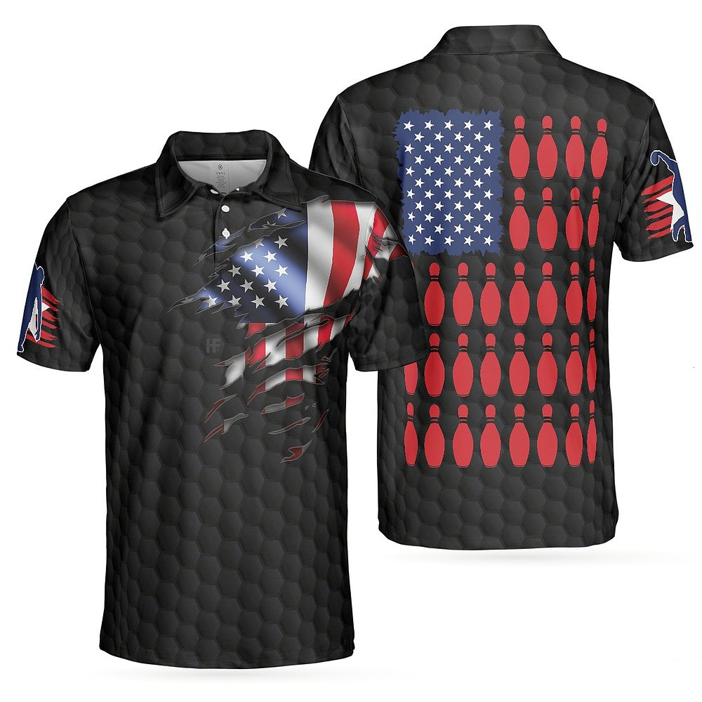 Black American Flag Bowling Polo Shirt Cool USA Flag Bowling Shirt For Men