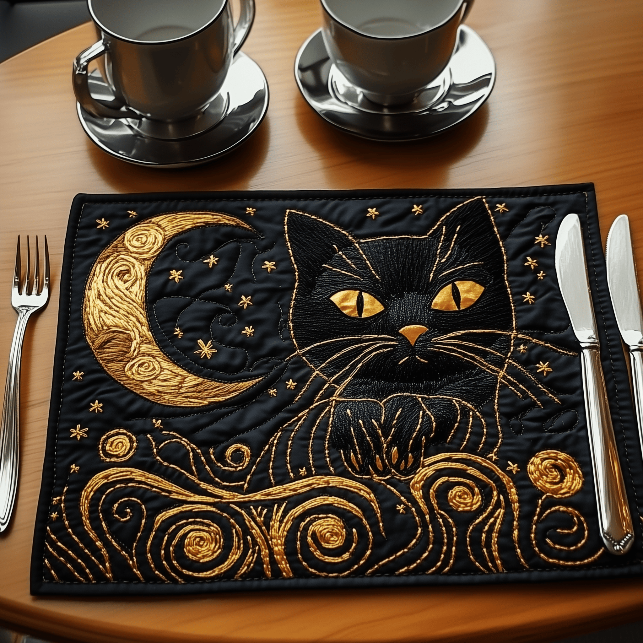 Black and Gold Cat Quilted Placemat Dining Wipeable Table Mat Cat Christmas Gifts For Her