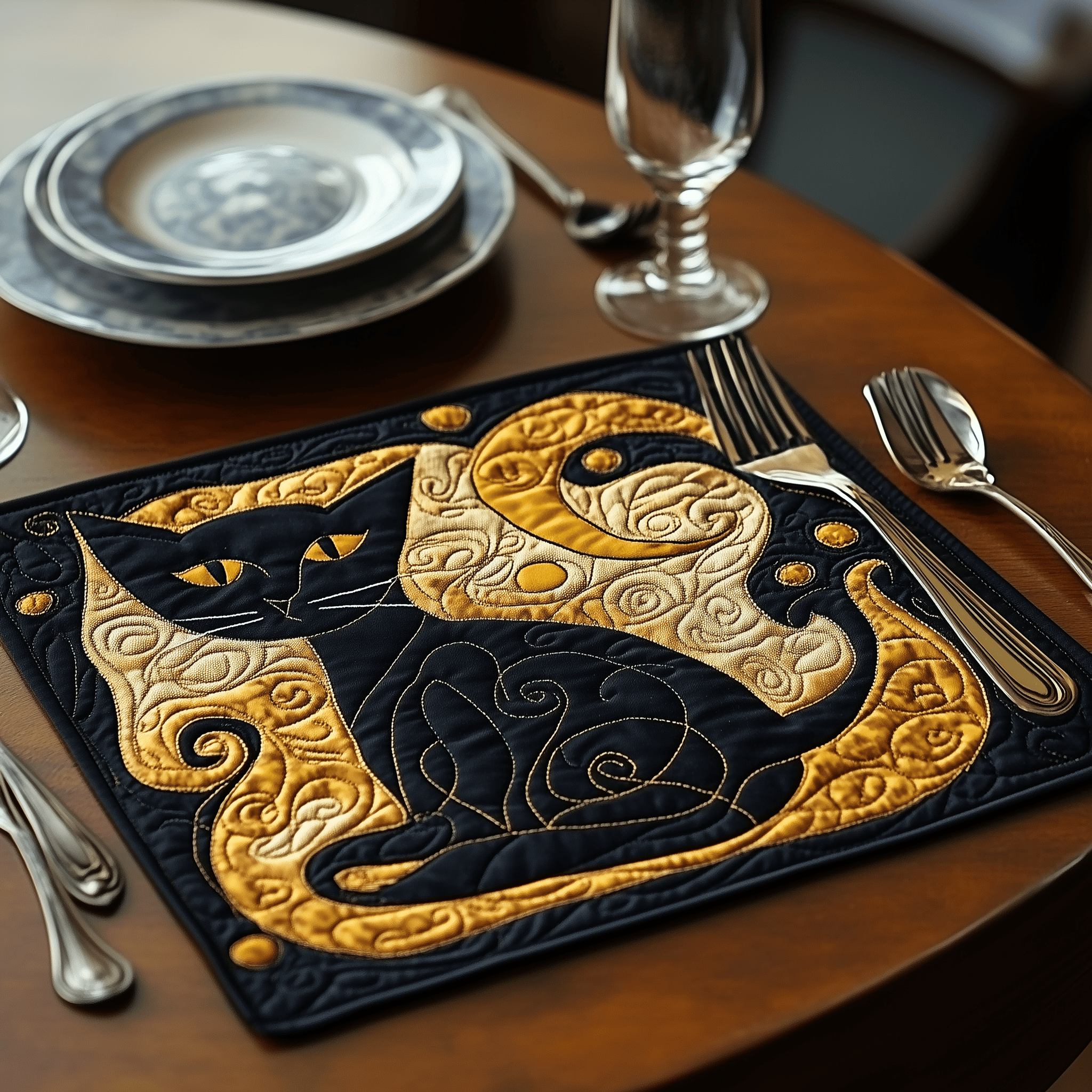 Black and Gold Cat Quilted Placemat Fabric Holiday Placemat Christmas Gift Ideas For Cat Lovers