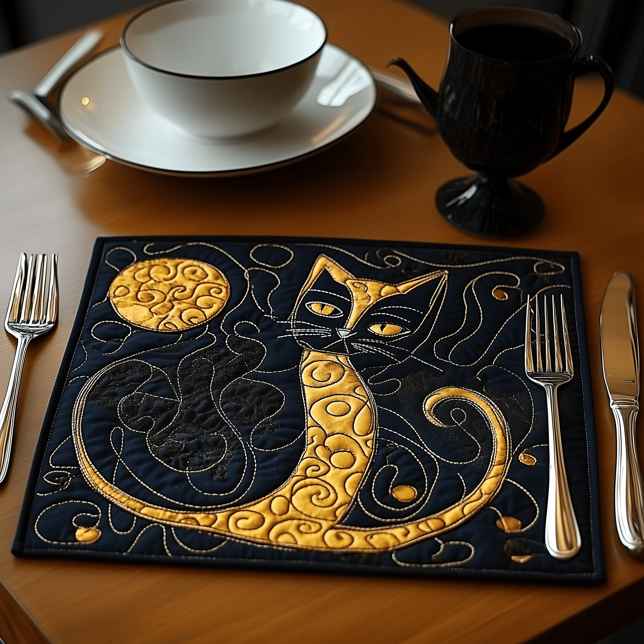 Black and Gold Cat Quilted Placemat Modern Dining Placemat Cat Themed Christmas Presents