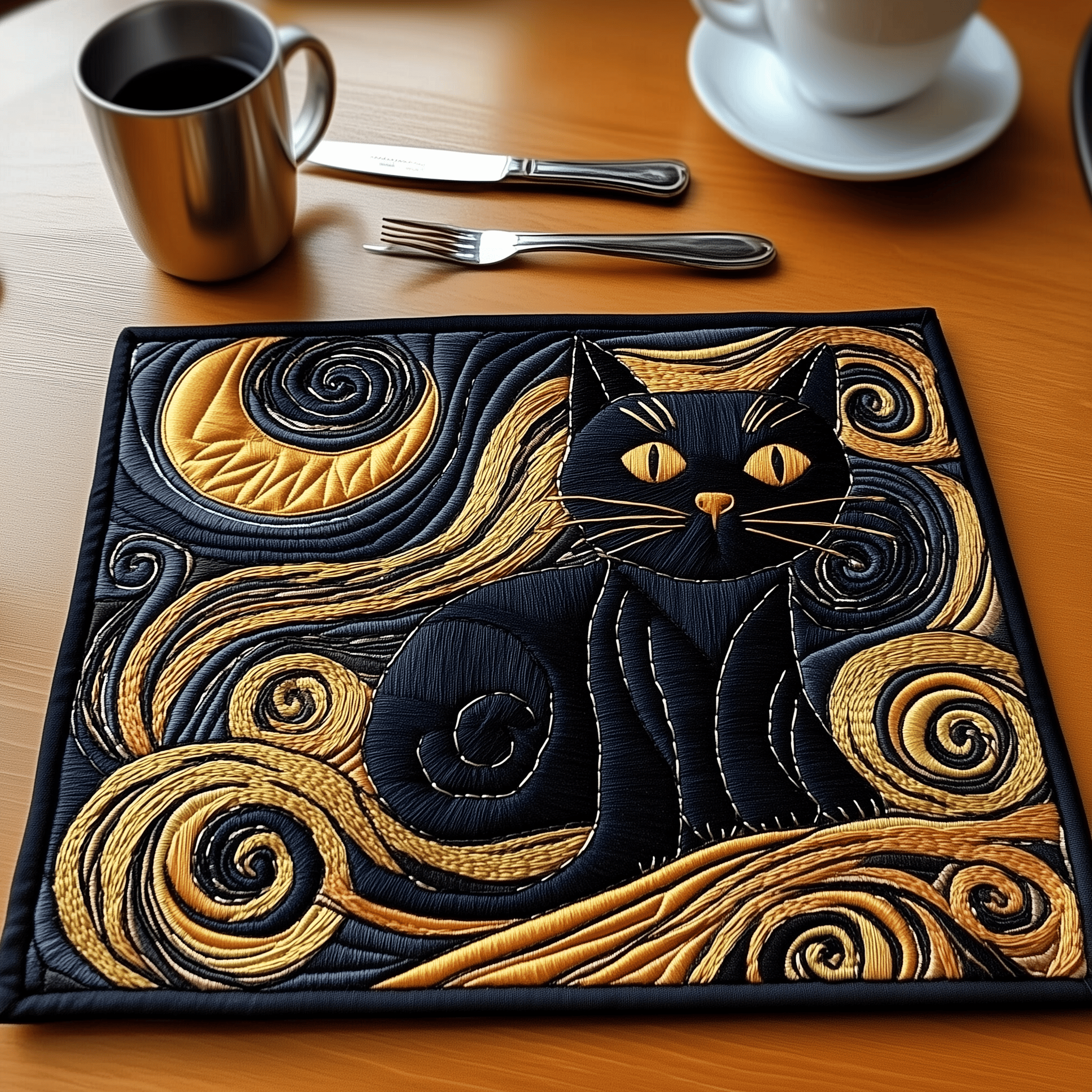 Black and Gold Cat Quilted Placemat Modern Washable Placemat Cat Dad Christmas Gifts