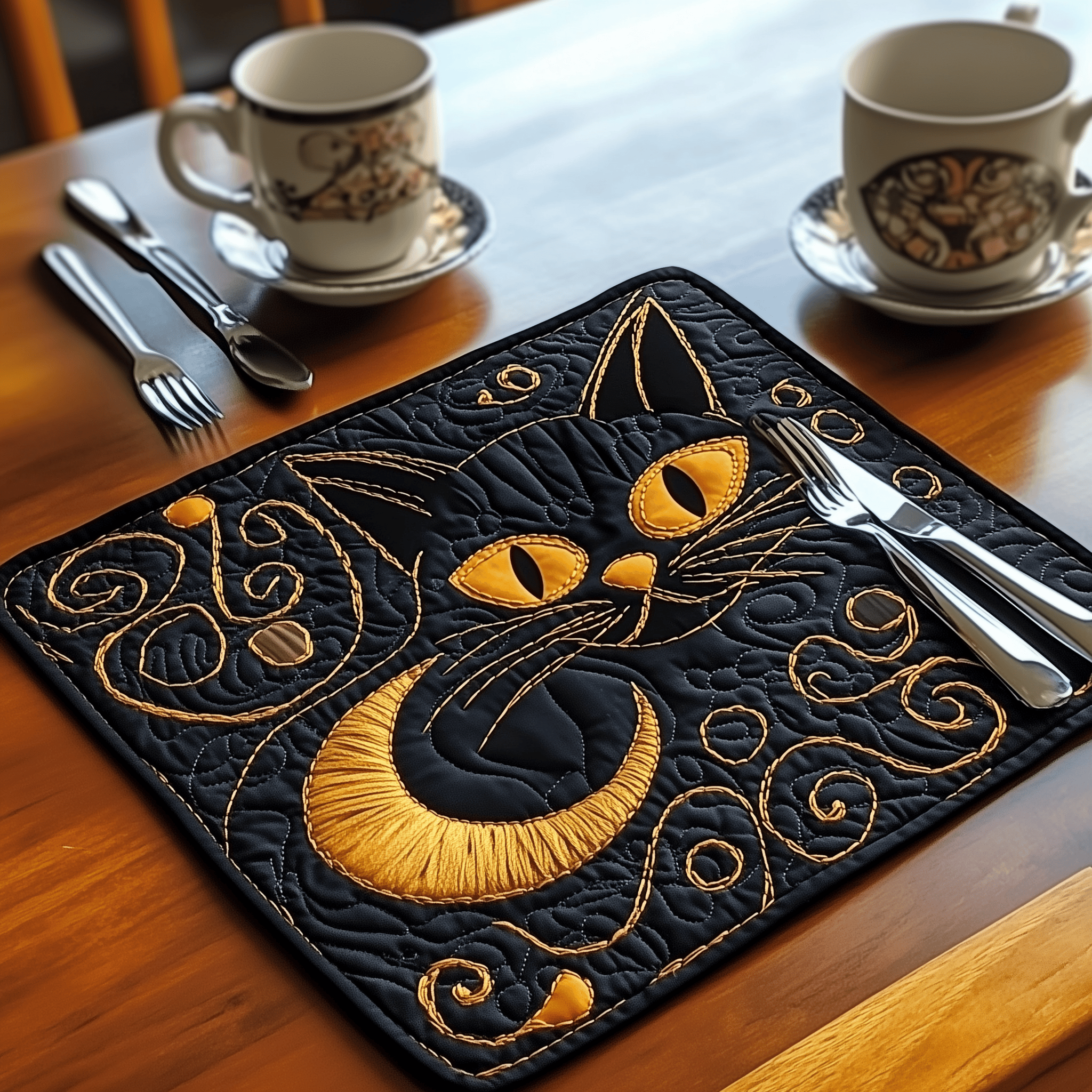 Black and Gold Cat Quilted Placemat Square Table Placemat Cat Owner Gifts For Christmas