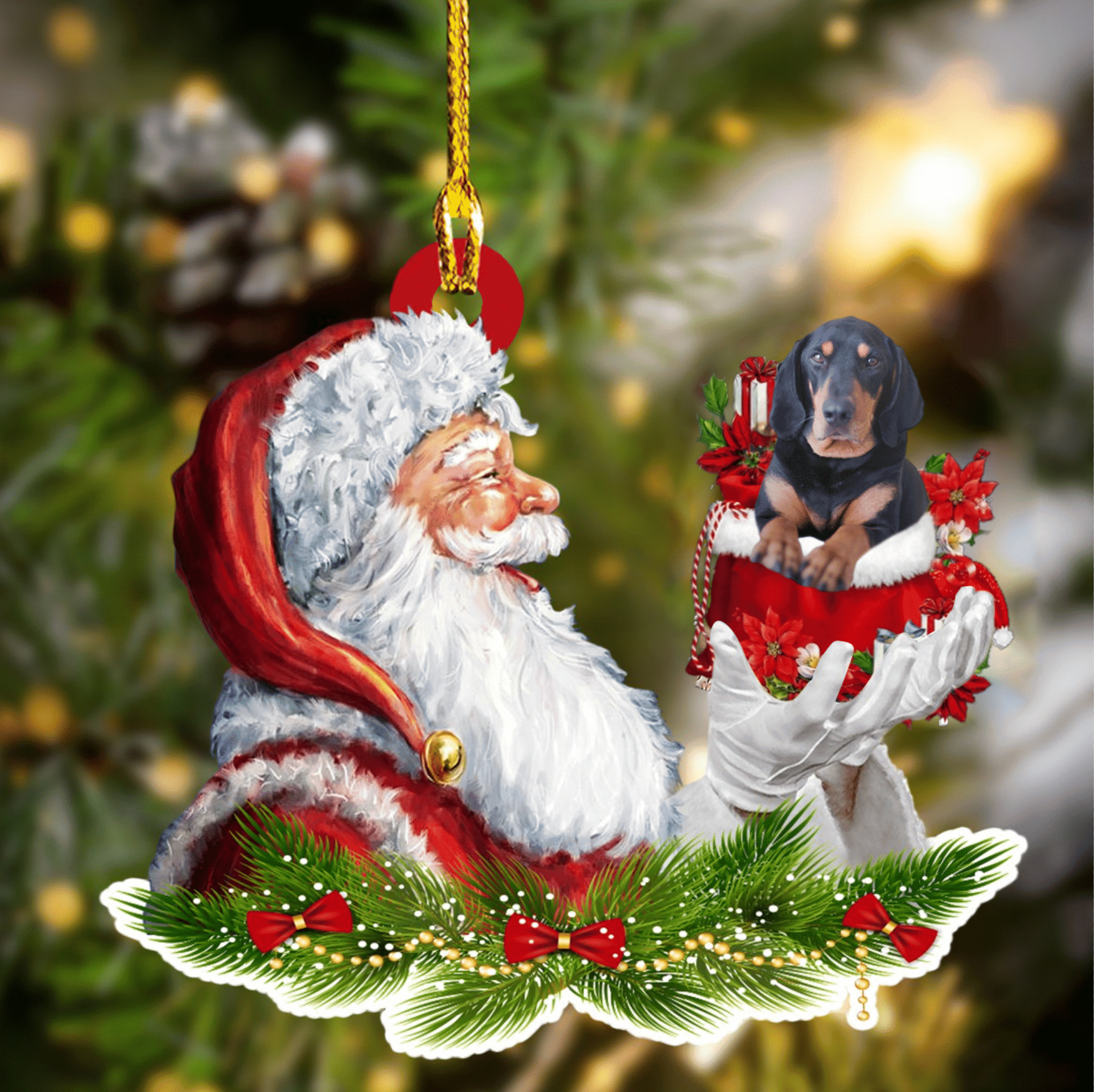 Black and tan Coonhound and Santa Christmas Ornament for Dog Lovers Dog Mom Acrylic Dog Ornament