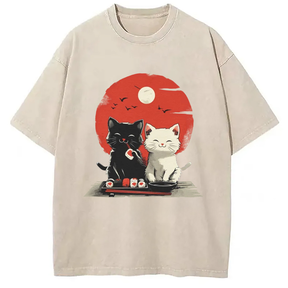 Black And White Cat Vintage Washed T-Shirt Retro Streetwear Graphic Top Gifts For Best Friend