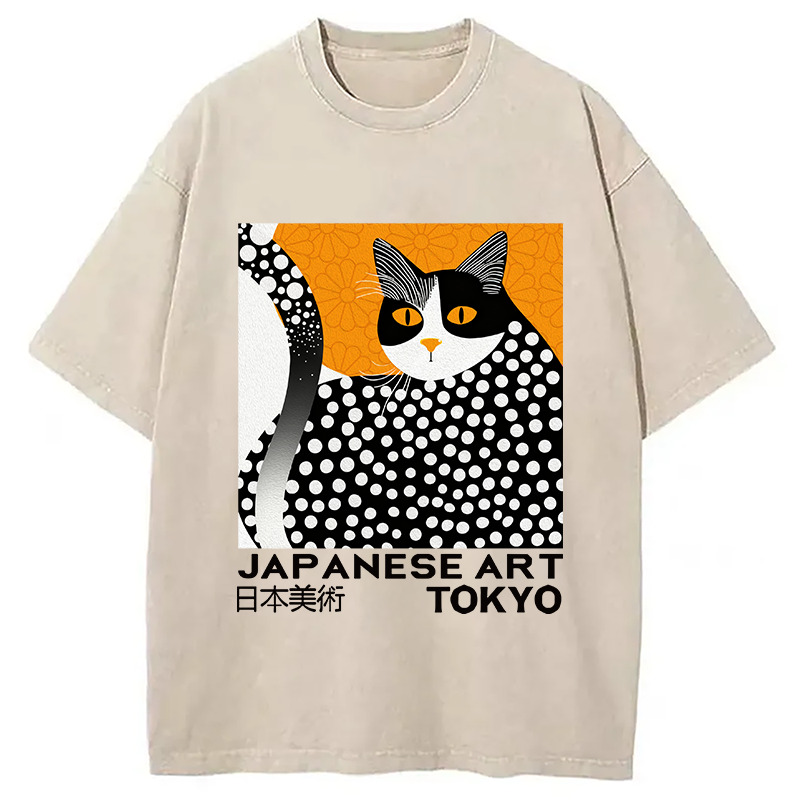 Black and White Dot Cat Washed T-Shirt Retro Humor Outfit Idea Gifts For BFF