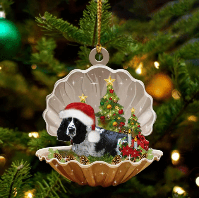 Black And White English Springer Sleeping in Pearl Dog Christmas Ornament Flat Acrylic