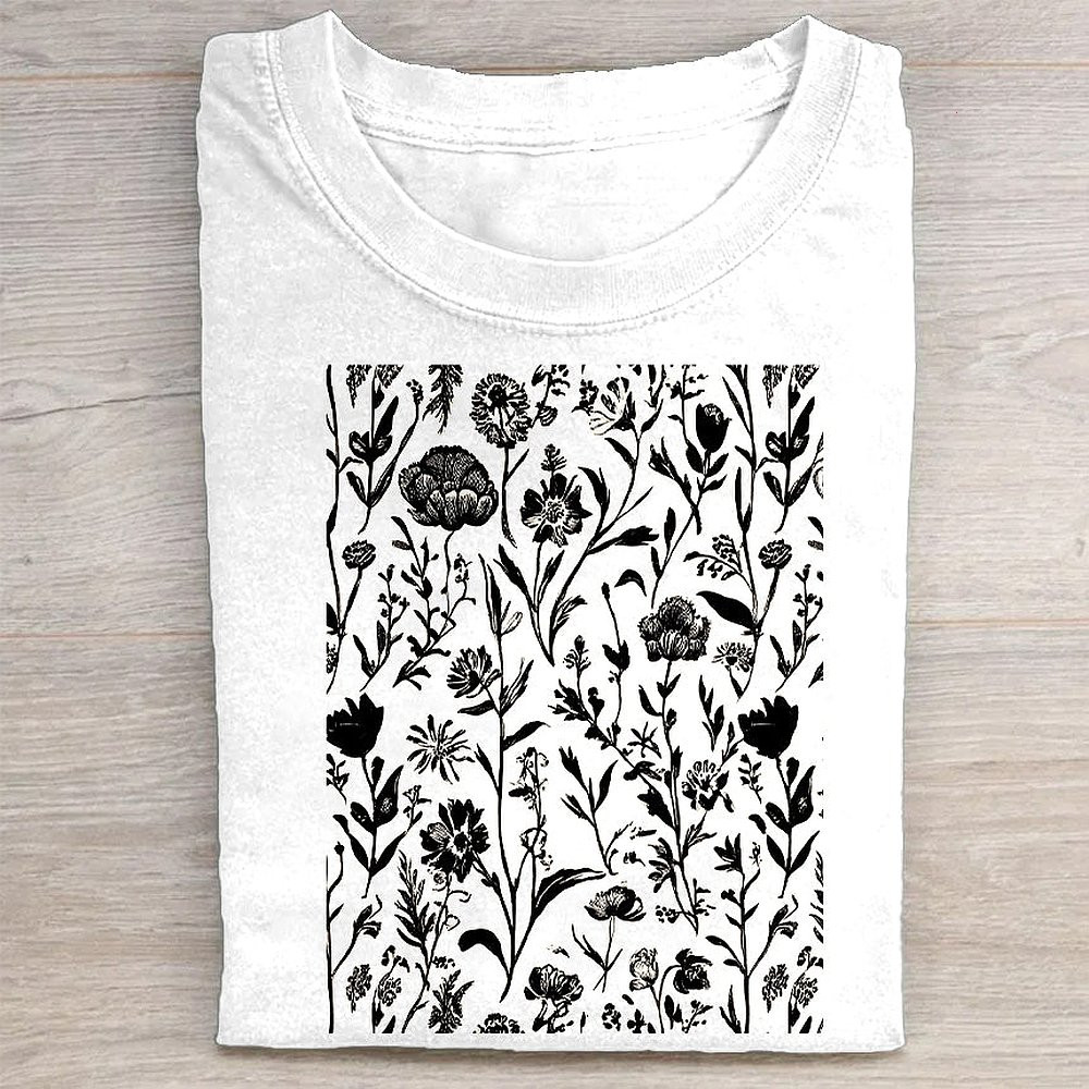 Black And White Floral Pattern T-Shirt Elegant Botanical Graphic Tee For Women