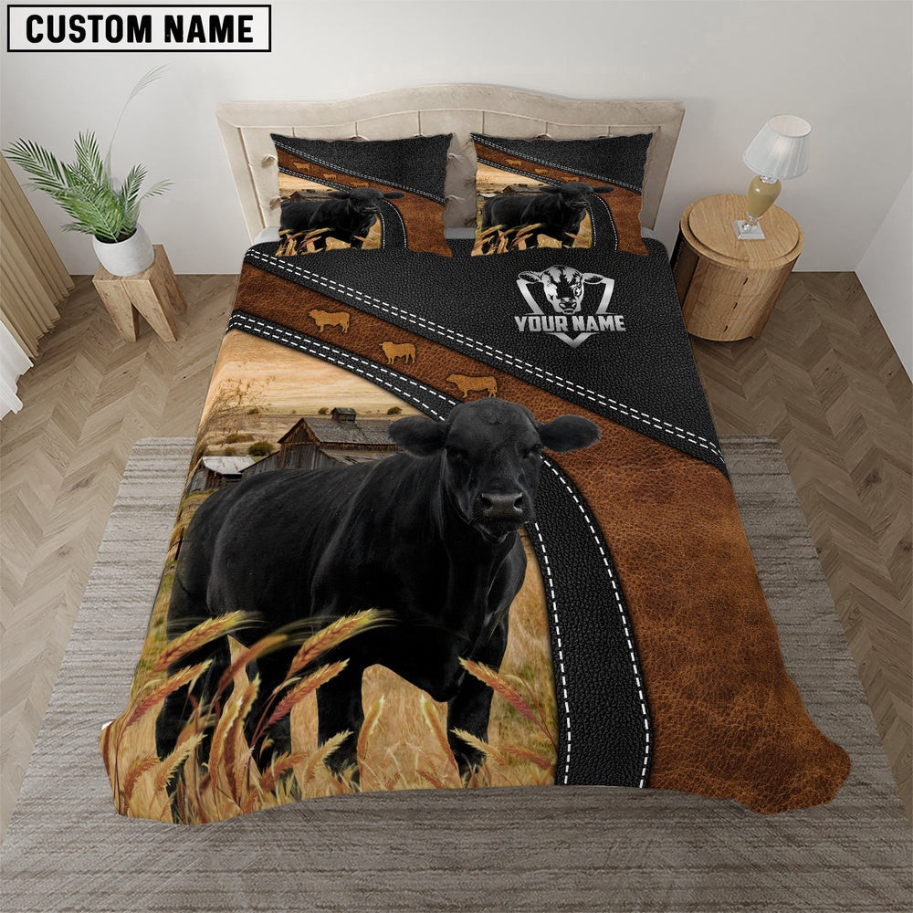 Black Angus Black Leather Premium Pattern Customized Name Bedding Set Couple Gifts