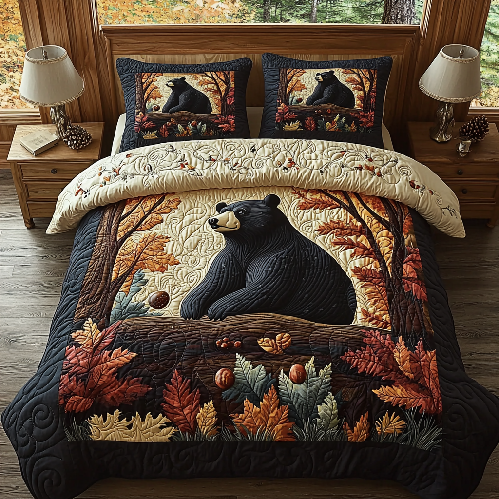 Black Bear Autumn Vintage Charm Quilted Bedding Set Best Comforter Sets Bear Gifts For Women