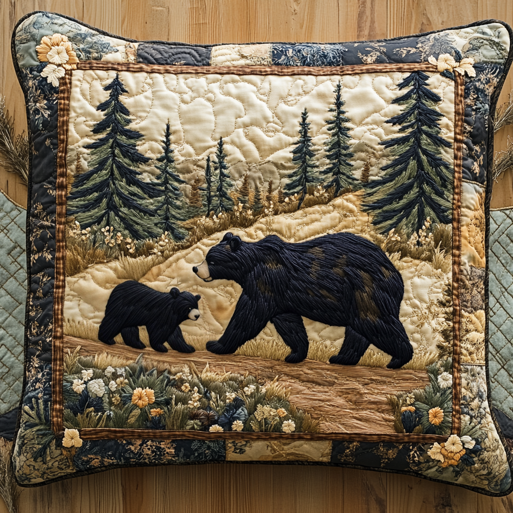 Black Bear Family Quilted Pillow Case Decorative Throw Pillow Covers Gift For Wildlife Lovers