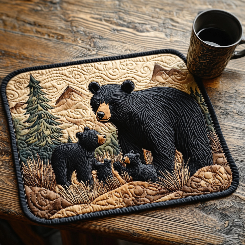 Black Bear Family Quilted Place Mat Dining Table Decor Gifts For Forestry Majors