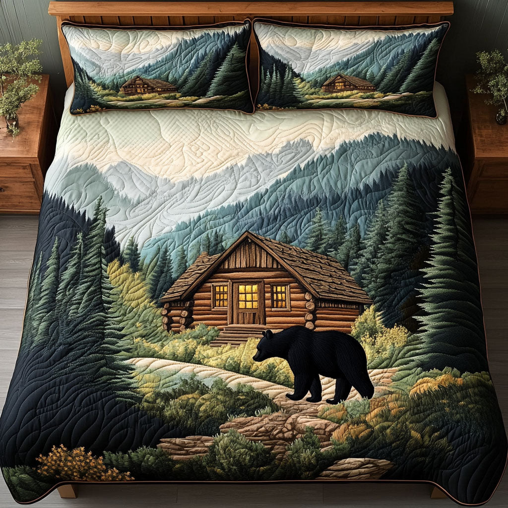 Black Bear Lodge Quilted Bedding Set Bedroom Decor Ideas Gift For Wildlife Lovers